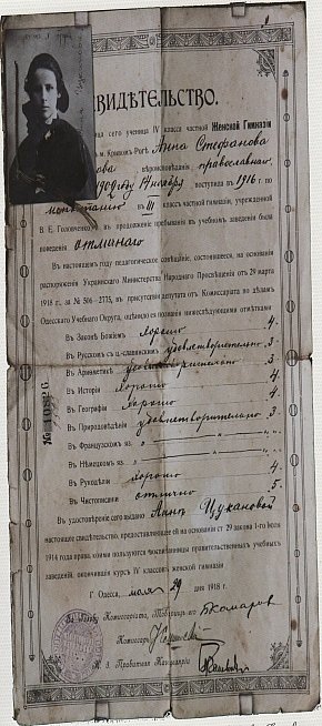 Свідоцтво про закінчення приватної Жіночої гімназії