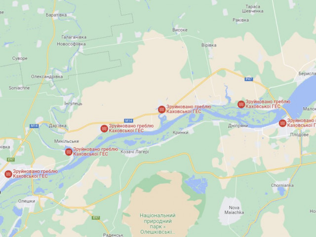В Google maps появились отметки с подтопленными населенными пунктами Херсонщины