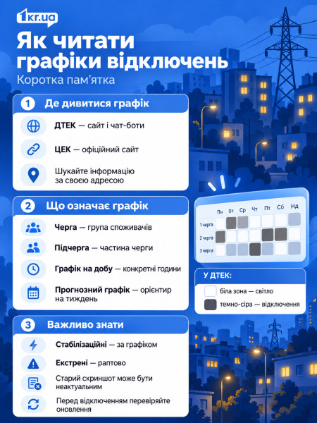 Инфографика с объяснением, как читать графики отключений света и где их проверять