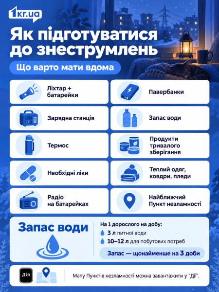 Инфографика со списком вещей, которые стоит иметь дома на случай отключения электричества