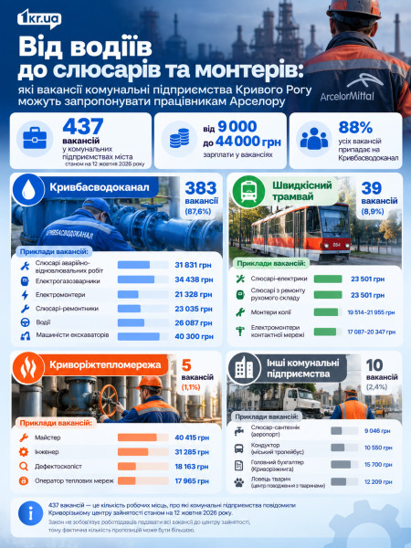 Инфографика о 437 вакансиях на коммунальных предприятиях Кривого Рога по состоянию на 12 октября 2026 года