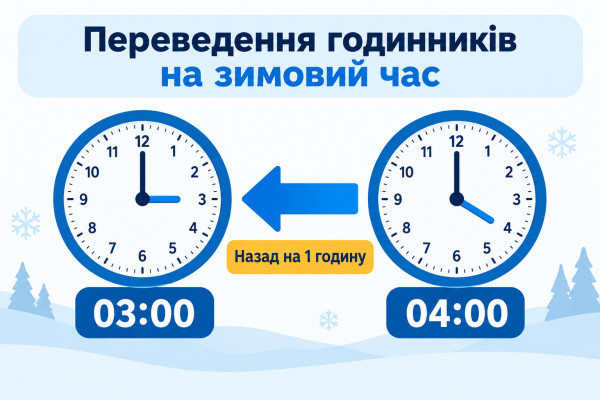Інфографіка про переведення годинників на зимовий час в Україні: стрілки годинника переводять на одну годину назад — із 04:00 на 03:00