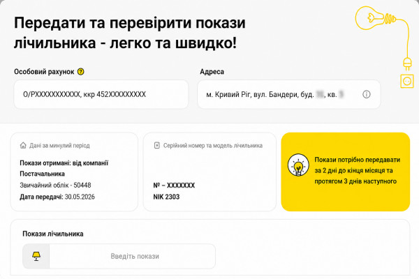 Пример онлайн-формы для передачи показаний электросчетчика в Кривом Роге