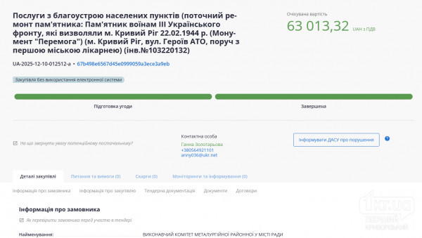 Закупівля на ремонт пам’ятника у Кривому Розі (63 тис. грн) Сторінка закупівлі Prozorro з ремонту пам’ятника у Кривому Розі з очікуваною вартістю 63 013 грн