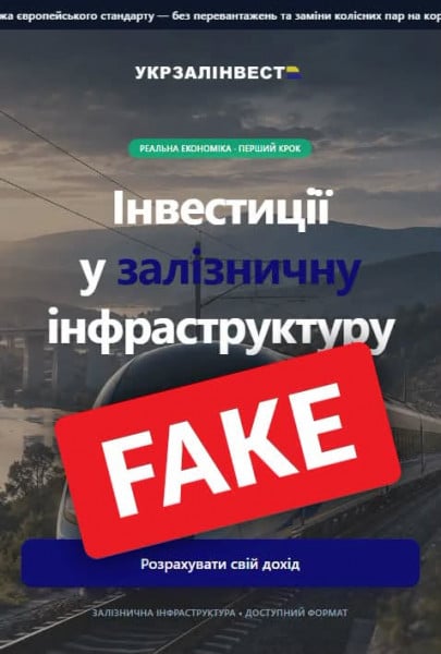 Скріншот фейкового сайту з пропозицією інвестувати у залізничну інфраструктуру від імені Укрзалізниці