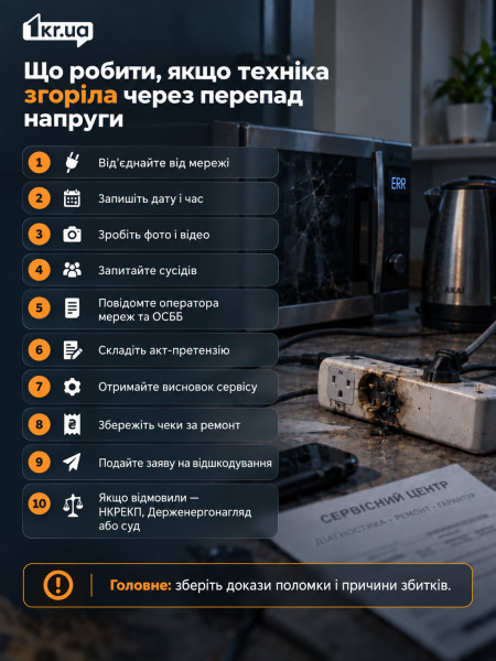 Інфографіка про те, що робити, якщо побутова техніка згоріла через перепад напруги
