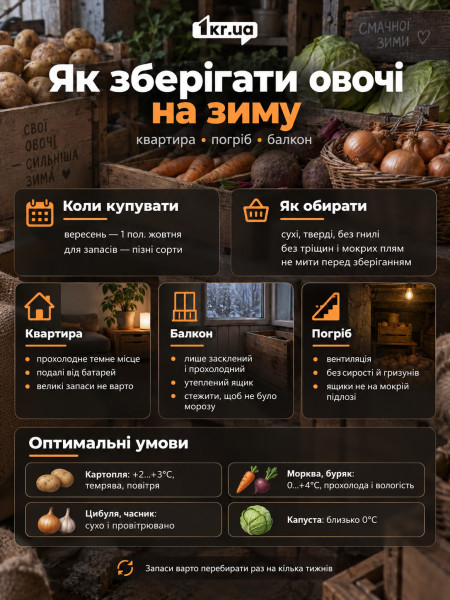Инфографика о том, как правильно хранить овощи на зиму в квартире, на балконе и в погребе