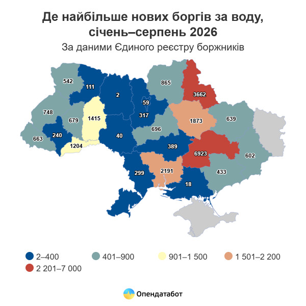 Карта України з кількістю нових боргів за воду за регіонами у січні-серпні 2026 року