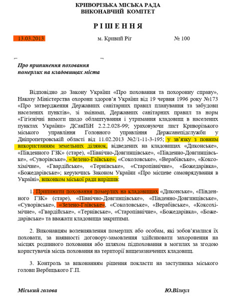 Решение Криворожского горсовета от 13 марта 2013 года о прекращении захоронений на кладбищах города, в том числе Зелено-Гаевском