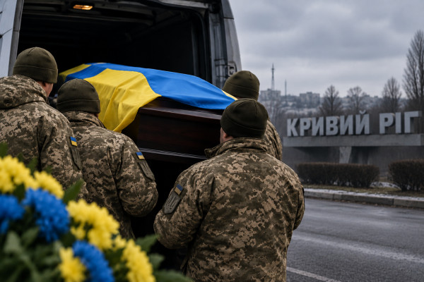 Військовослужбовці у формі несуть труну, накриту прапором України, до автомобіля. На тлі — похмуре зимове місто та напис «Кривий Ріг». Зображення згенероване штучним інтелектом.