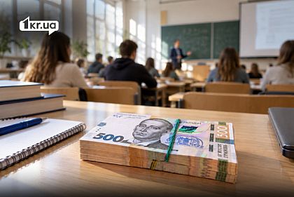 Пачка украинских гривен на столе в учебной аудитории