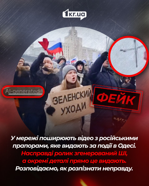 Інфографіка з прикладом фейкового відео, яке російська пропаганда видає за події в Одесі: на зображенні люди з російськими прапорами, позначки «AI-generated» та «Фейк», а також вказівка на візуальні помилки штучного інтелекту.