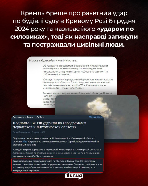 Изображение с текстом о ракетном ударе по зданию суда в Кривом Роге 6 декабря 2024 года. Кремль называет это 