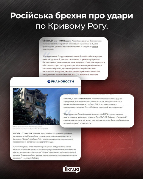 Зображення, що критикує російські заяви про удари по Кривому Рогу, містить фрагменти новин з російських ЗМІ з фотографіями пошкодженої будівлі та іншими текстами, що розвінчують російську пропаганду