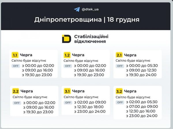 графік ДТЕК 18 грудня графік ДТЕК