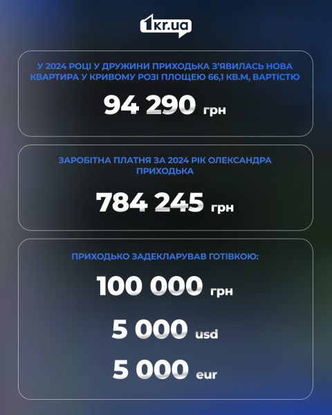 В 2024 году семья Приходько задекларировала новую недвижимость и наличные сбережения. Зарплата чиновника - более 784 тысяч гривен. Инфографика о доходах Александра Приходько за 2024 год: зарплата - 784 245 грн. У жены появилась квартира в Кривом Роге площадью 66,1 м? стоимостью 94 290 грн. Приходько задекларировал наличными: 100 000 грн, 5 000 долларов США и 5 000 евро.