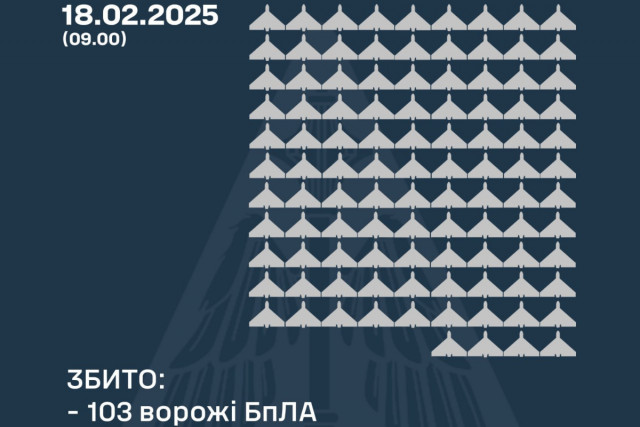 Над Украиной уничтожили 103 беспилотника РФ, еще 67 не достигли целей