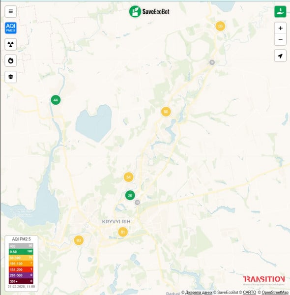Карта з індексами якості повітря у різних районах Кривого Рогу, з даними від SaveEcoBot.