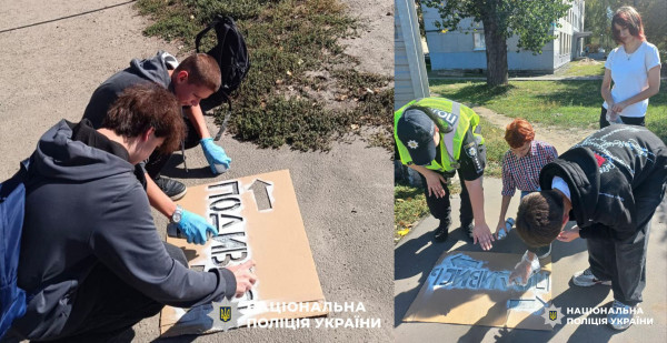 школярі та поліція нанесли на асфальті написи про безпеку правила дорожнього руху