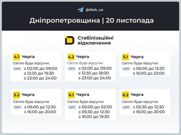 график отключения света ДТЭК 20 ноября график ДТЭК