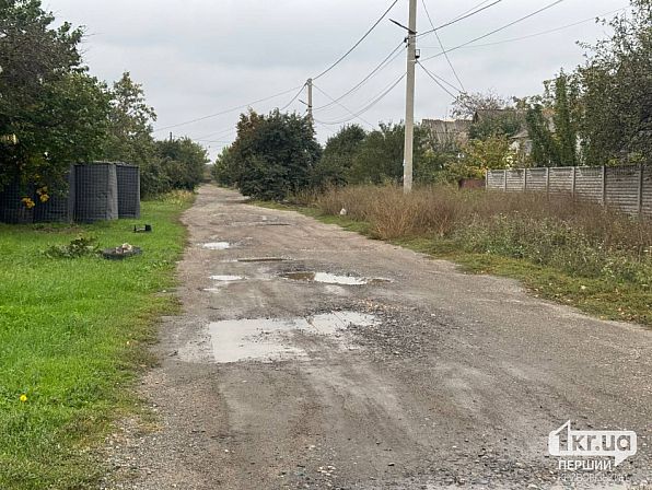 Розбита дорога з численними вибоїнами та калюжами після дощу в приватному секторі Довгинцівського району Кривого Рогу