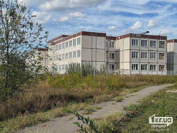 Будівля гімназії №89 «Потенціал» у Довгинцівському районі Кривого Рогу, навколо якої ростуть високі бур'яни та суха трава