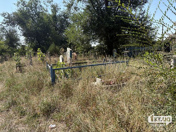 Захоронения и металлические ограды среди высокой сухой травы на Широковском кладбище в Кривом Роге