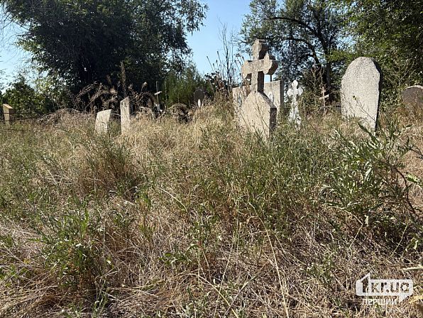 Старые надгробия и кресты среди высокой травы на Широковском кладбище в Кривом Роге