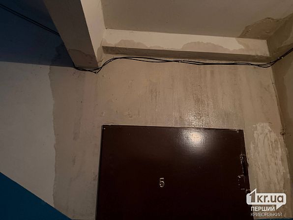 Мокрые стены со следами воды и провода над дверью квартиры в подъезде на улице Алексея Резниченко