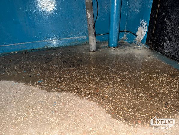 Лужа воды на полу первого подъезда дома на улице Алексея Резниченко в Кривом Роге