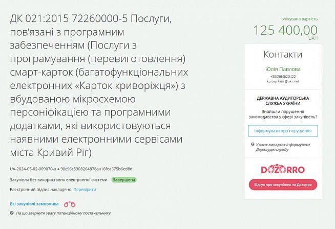 Інформація про закупівлю послуг із програмування карток «Картка криворіжця»