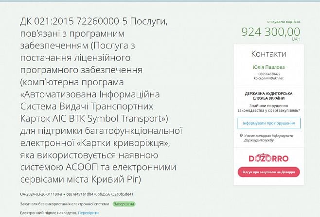 Інформація про закупівлю послуг із програмування карток «Картка криворіжця»